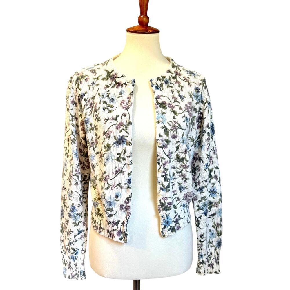 VTG Floral Pearl Button Cardigan Angora Ramie Sweater White Purple Size S